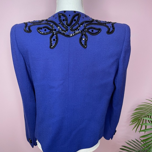 Vintage Sequin Rhinestone Blazer Wool Royal Blue black sequin rhinestone detail - Picture 5 of 11